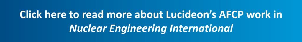 A blue banner with the text: "Read more about Lucideon's AFCP work in Nuclear Engineering International" that links out to the magazine at https://secure.viewer.zmags.com/publication/fc6bae6e#/fc6bae6e/30