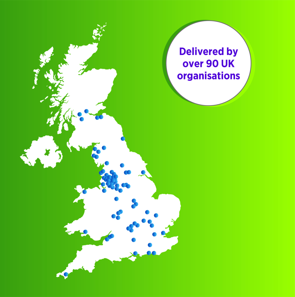  A graphic of a UK map showing each of AFCP's 90+ partnering organisations as blue dots. A caption next to the map reads "Delivered by over 90 UK organisations."