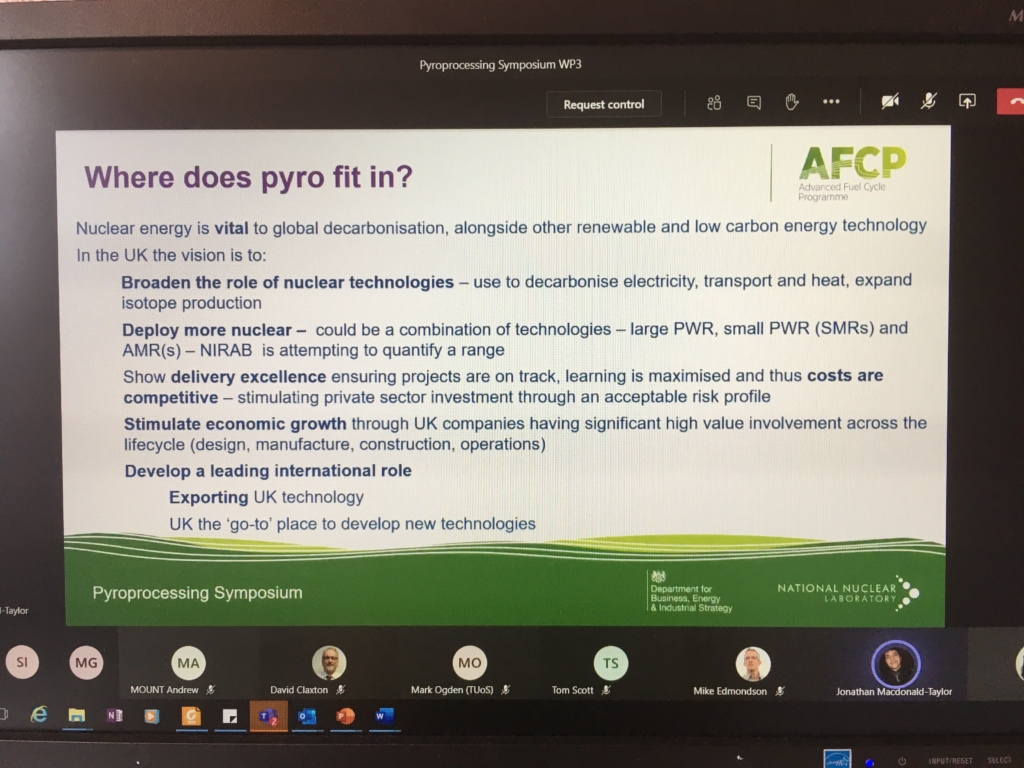 Screenshot of presentation slide titled "Where does pyro fit in?" that describes the role of pyro-processing within AFCP and wider nuclear ambition to help achieve Net Zero.