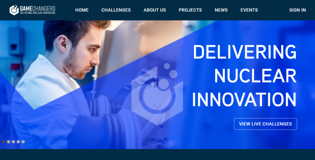 Screenshot of the homepage of the Game Changers website, showing a man in a lab coat next to the text "Delivering Nuclear Innovation"