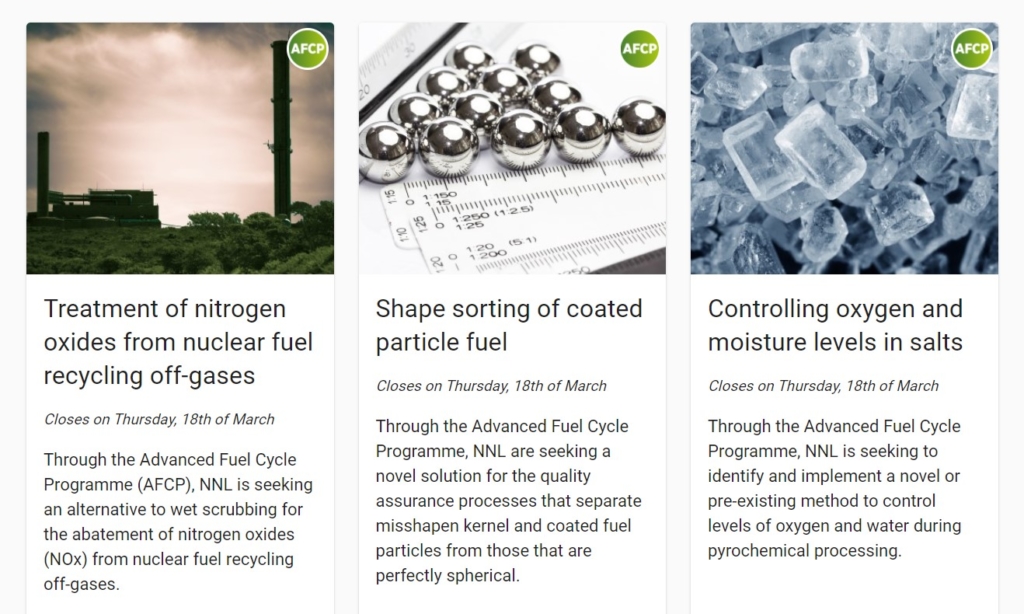 Screenshot of the Game Changers website, showing AFCP's 3 live challenges: Treatment of nitrogen oxides from nuclear fuel recycling off-gases, shape sorting of coated particle fuel, and controlling oxygen and moisture levels in salts.