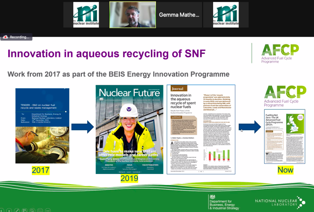 Screenshot of Robin Taylor presenting during the Nuclear Institute 2019 Pinkerton Prize reception webinar. The screenshot shows a PowerPoint presentation with images of the front cover of Nuclear Future magazines from 2017, 2019 and 2021.