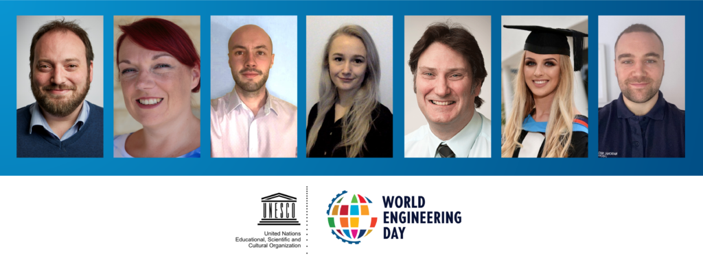 Photographs of the seven people interviewed in this article. Underneath their photos are the logos for UNESCO and World Engineering Day.