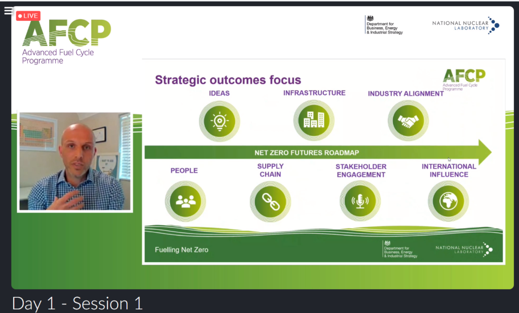 Screenshot of Paul Nevitt, AFCP's Technical Director, speaking at the Quarterly Technical Meeting. He is shown in a small box on the left of the screen. On the right is a PowerPoint presentation showing AFCP's strategic outcome areas (Net Zero roadmap, people, ideas, infrastructure, supply chain, stakeholder engagement, industry alignment, and international influence).