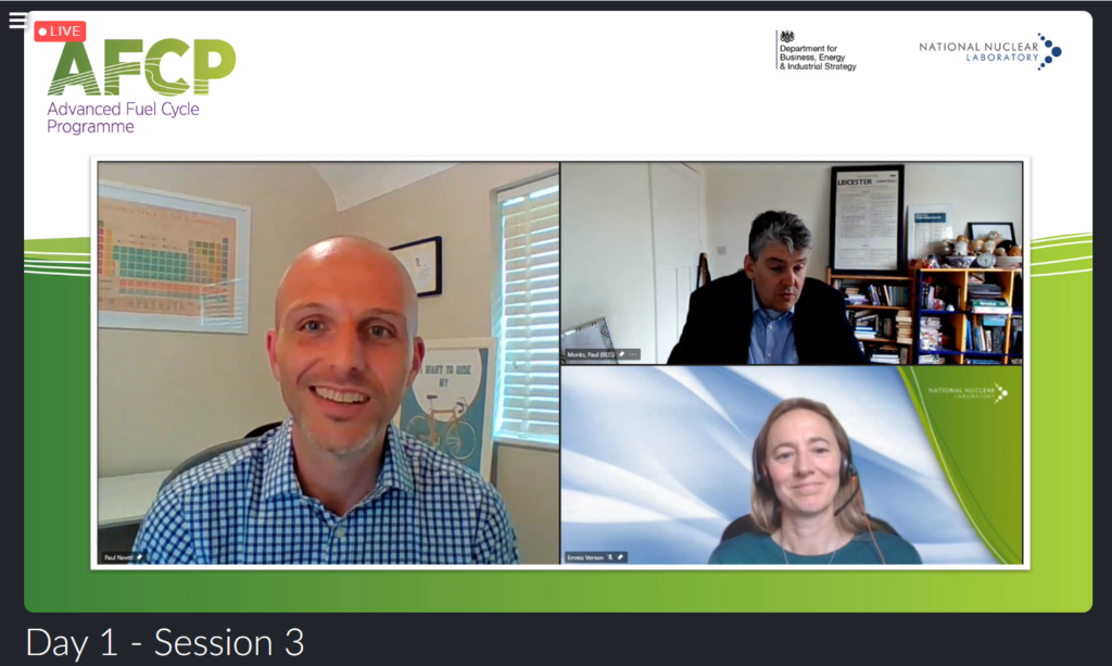 Screenshot from AFCP's Quarterly Technical Meeting showing Professor Paul Monks, AFCP Technical Director Paul Nevitt and AFCP Programme Manager Emma Vernon talking on a video call.