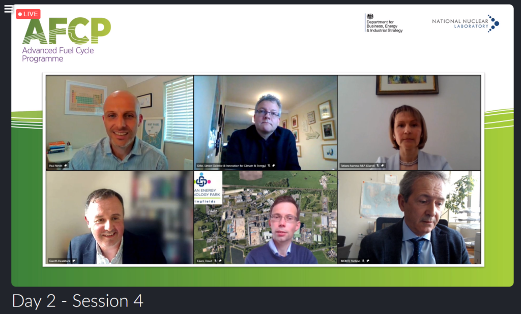 Screenshot of AFCP’s panel discussion, showing images of the following people speaking on video call: Paul Nevitt (shown top left) moderated the panel of Si Dilks (shown top centre), Tatiana Ivanova (shown top right), Gareth Headdock (shown bottom left), David Eaves (shown bottom centre) and Stefano Monti (shown bottom right).