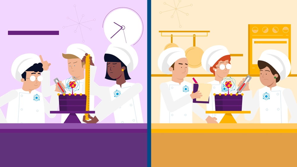 A still from AFCP's Nuclear Data animation, showing a split screen image. On the left are three people baking a cake in front of a purple-coloured kitchen background. On the right are three more people, also baking a cake but in front of an orange-coloured background.