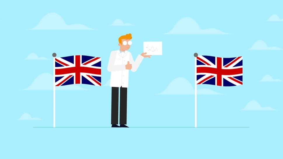 Still from AFCP's Nuclear Data animation. It shows a man standing in front of a blue background, holding a piece of paper that he's drawn graphs on. On either side of him are UK flags. He is about to share the paper with people from other countries. 