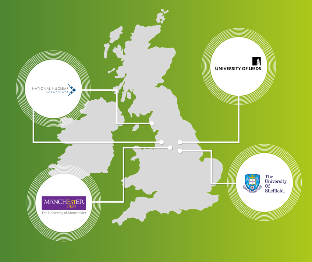 Graphic of UK map over a green background, with icon bubbles pointing to the locations of AFCP's Off-gas Capture project: the National Nuclear Laboratory, University of Manchester, University of Sheffield and University of Leeds