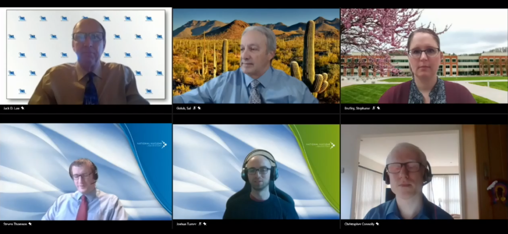 Screenshot of the AFCP session at WMS, showing six speakers looking into their cameras and smiling.