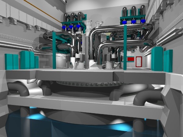 A digital image of the Westinghouse Lead Fast Reactor, showing grey machinery with teal accents throughout. 