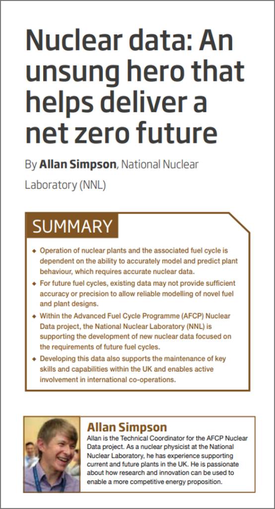 Screenshot of Allan Simpson's technical paper in Nuclear Future, showing the title: Nuclear data: The unsung hero that helps deliver a net zero future.