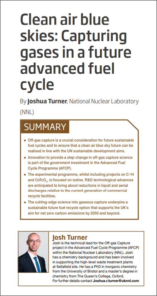 Screenshot of Josh Turner's paper in Nuclear Future, showing the title: Clean air blue skies: Capturing gases in a future advanced fuel cycle.