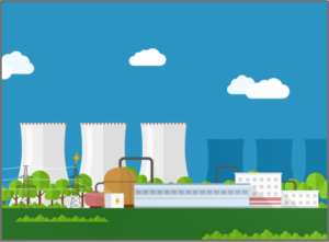 Scene from AFCP's pyro-processing animation showing a nuclear power plant in front of a sunny blue sky.