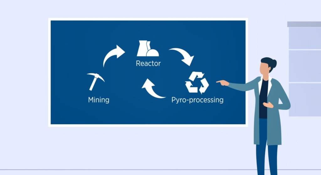 Scene from AFCP's pyro-processing animation showing a scientist standing in front of a board, pointing to a diagram showing an advanced fuel cycle.