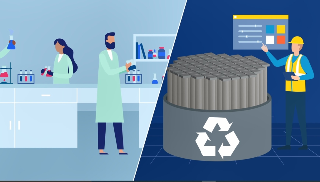 Scene from AFCP's pyro-processing animation showing scientists working in a lab on one side, and an engineer at a nuclear power plant on the other side. The scenes are divided by a diagonal line.