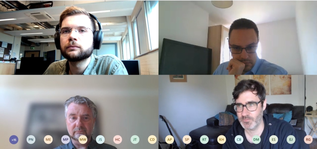 Screenshot of AFCP's virtual workshop, showing Nathan Read (top left), Will Bodel (top right), Robin Taylor (bottom left) and Ian Tellam (bottom right).