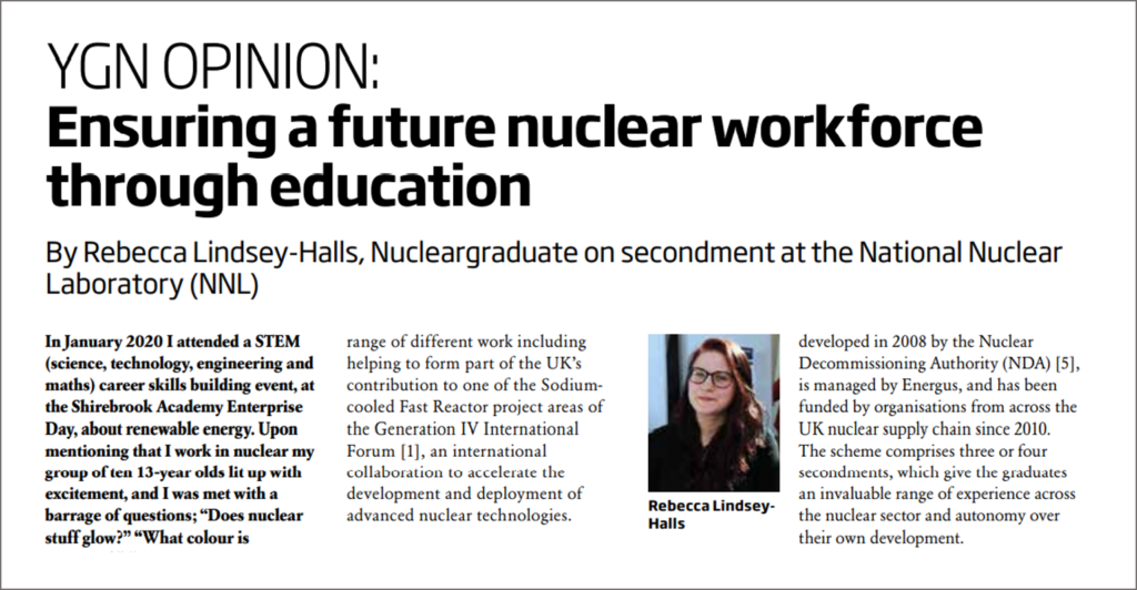 Screenshot of Rebecca Lindsey-Halls' Nuclear Future headline, showing the title: Ensuring a future nuclear workforce through education. 